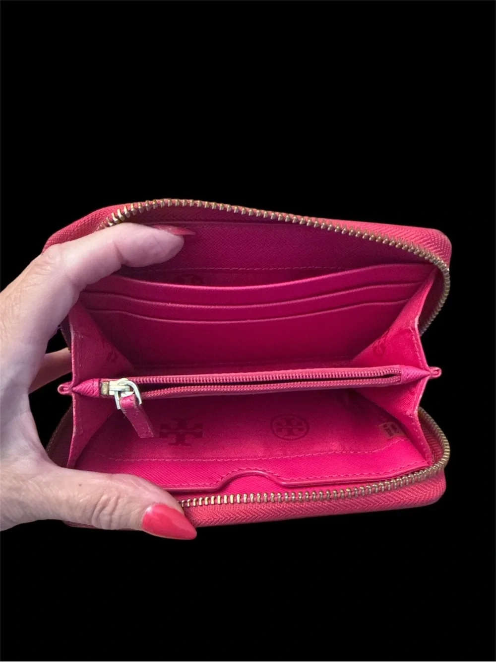 Tory Burch Fuchsia Perforated Leather Wristlet Wallet with Logo Medallion